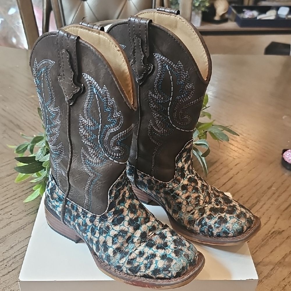 Roper Leopard Brown Blue Glitter Western Boots Size 11 Square Toe